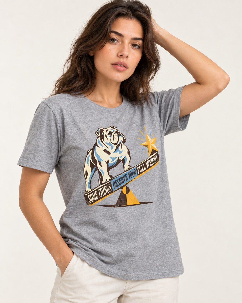 Some Things Deserve Your Full Weight English Bulldog Graphic T-Shirt in Sport Grey, worn by a model