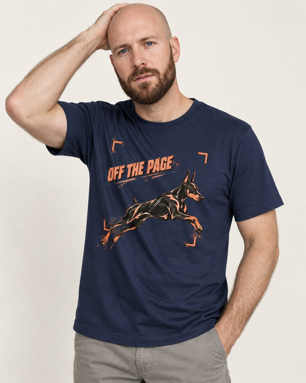 Doberman Off the Page Focus Frame Graphic T-Shirt in Navy, worn by a model