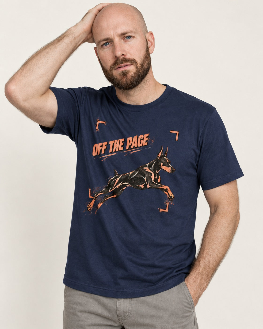 Doberman Off the Page Focus Frame Graphic T-Shirt in Navy, worn by a model