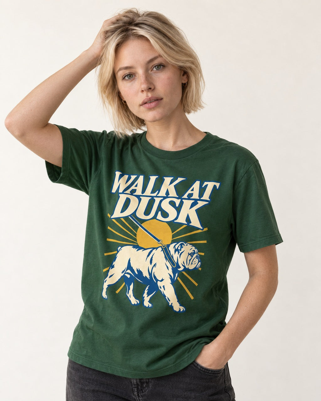 English Bulldog Walk at Dusk Sunset Graphic T-Shirt in Forest Green, worn by a model