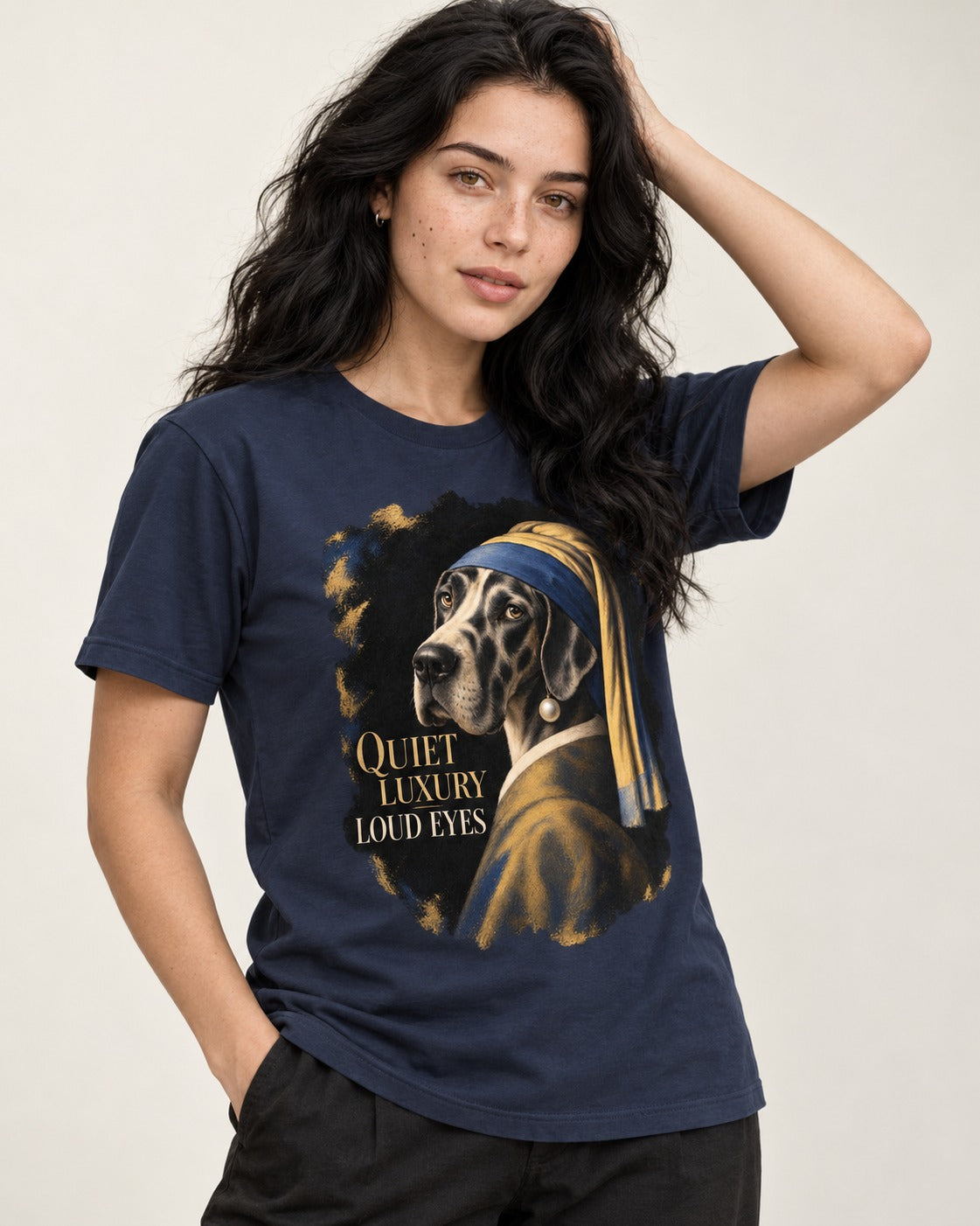 Great Dane Quiet Luxury Loud Eyes Pearl Portrait Graphic T-Shirt in Navy, worn by a model
