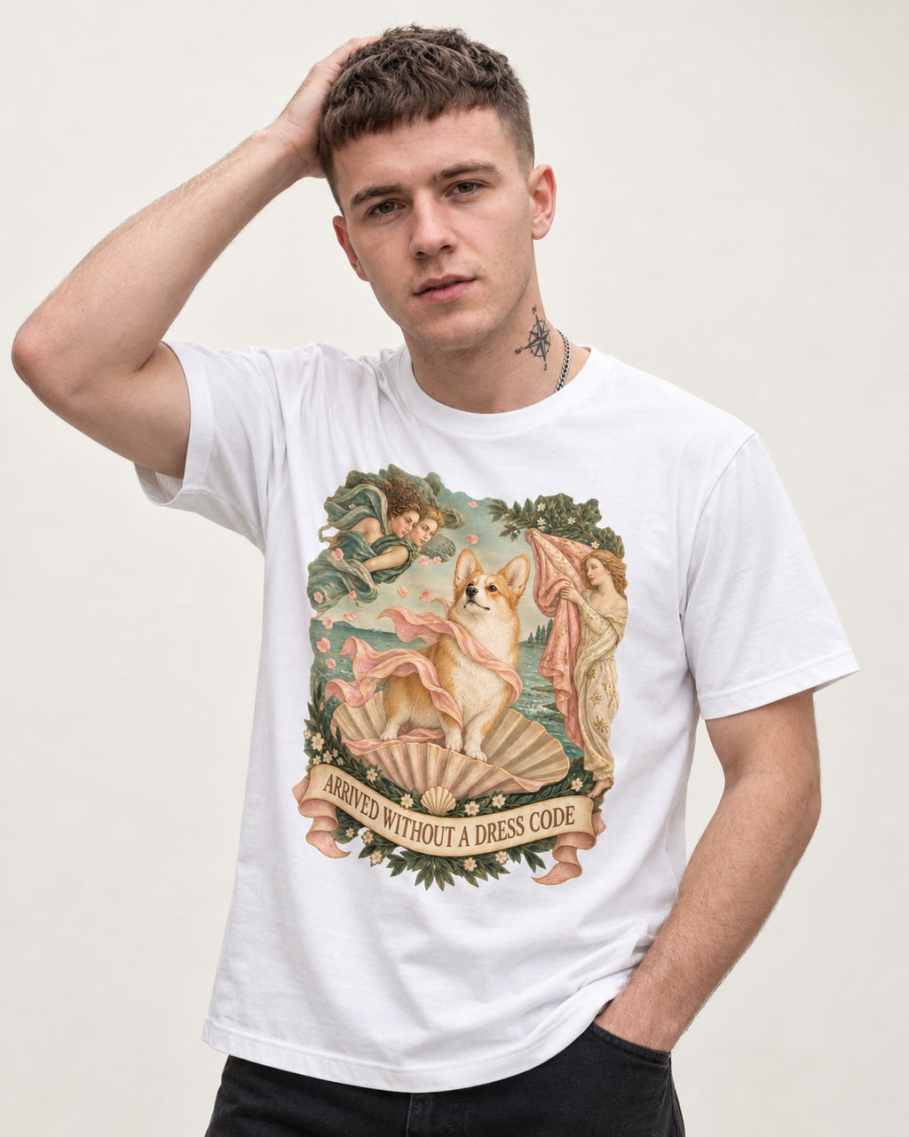 Corgi Arrived Without a Dress Code Birth of Venus T-Shirt in White, worn by a model