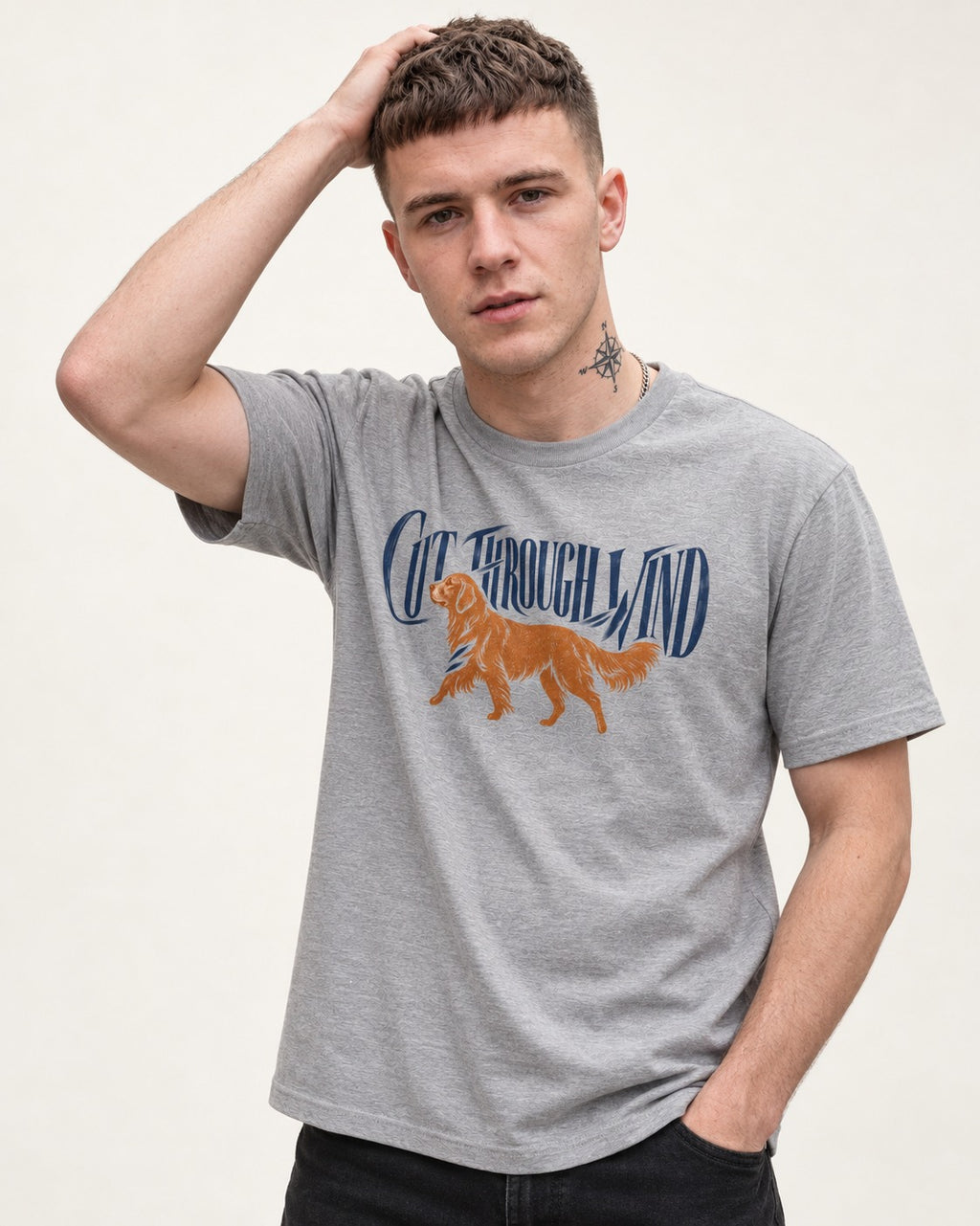 Golden Retriever Cut Through Land T-Shirt in Sport Grey, worn by a model