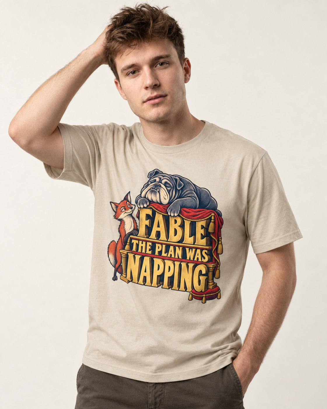 English Bulldog The Plan Was Napping T-Shirt in Sand, worn by a model