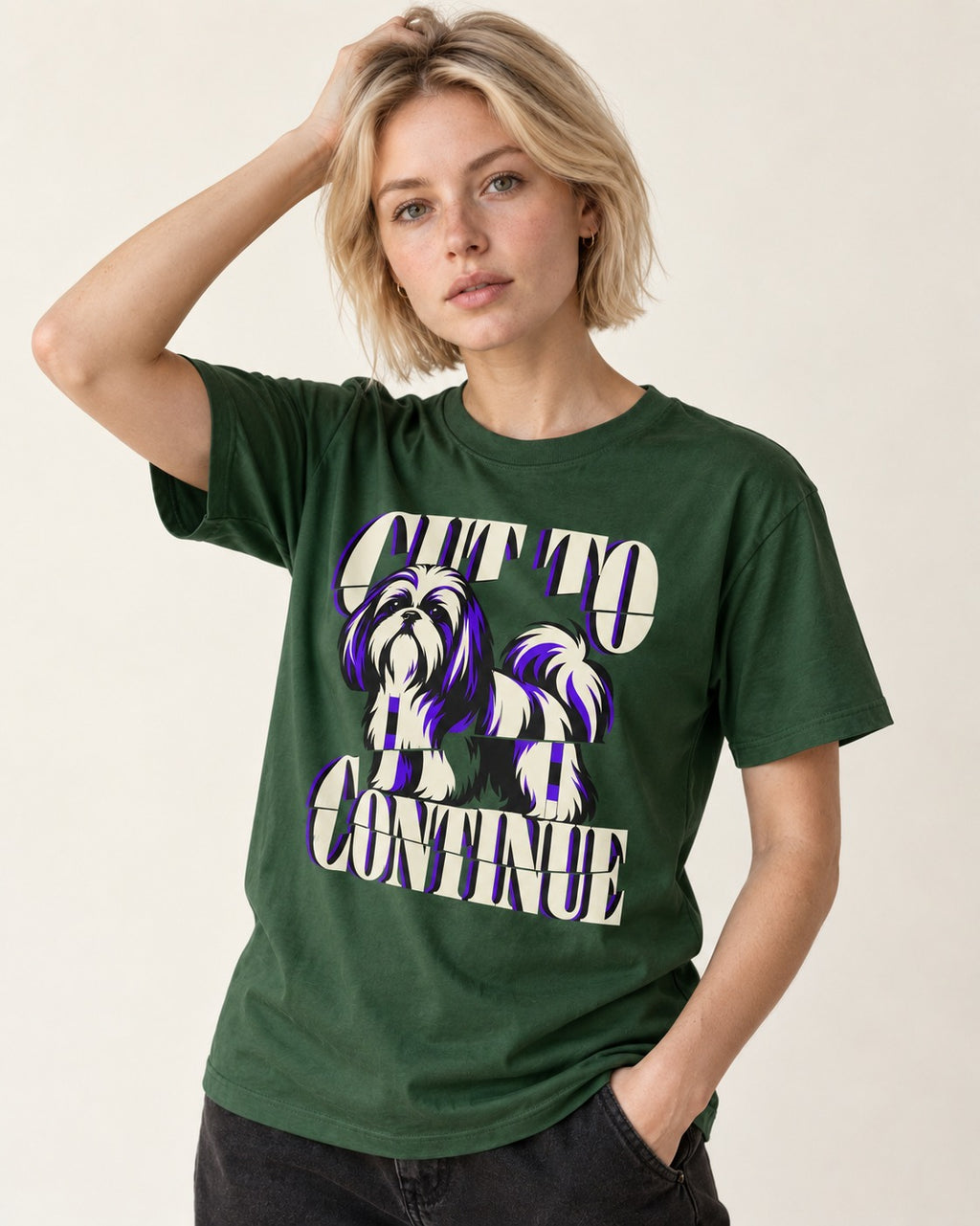 Shih Tzu Cut to Continue Dimensional Typography Graphic T-Shirt in Forest Green, worn by a model