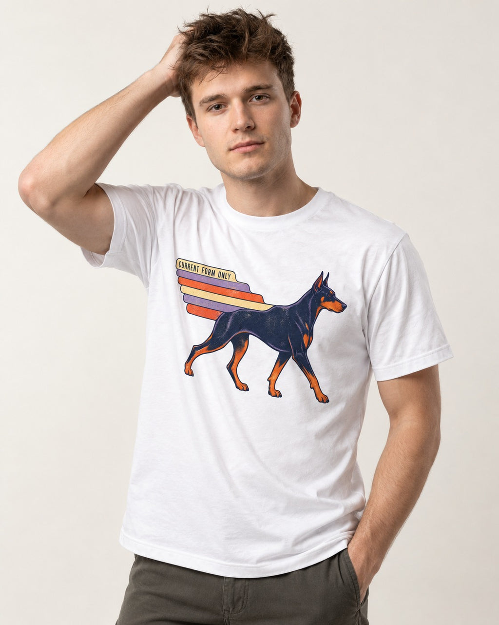 Doberman Current Form Only Speed Bars Graphic T-Shirt in White, worn by a model