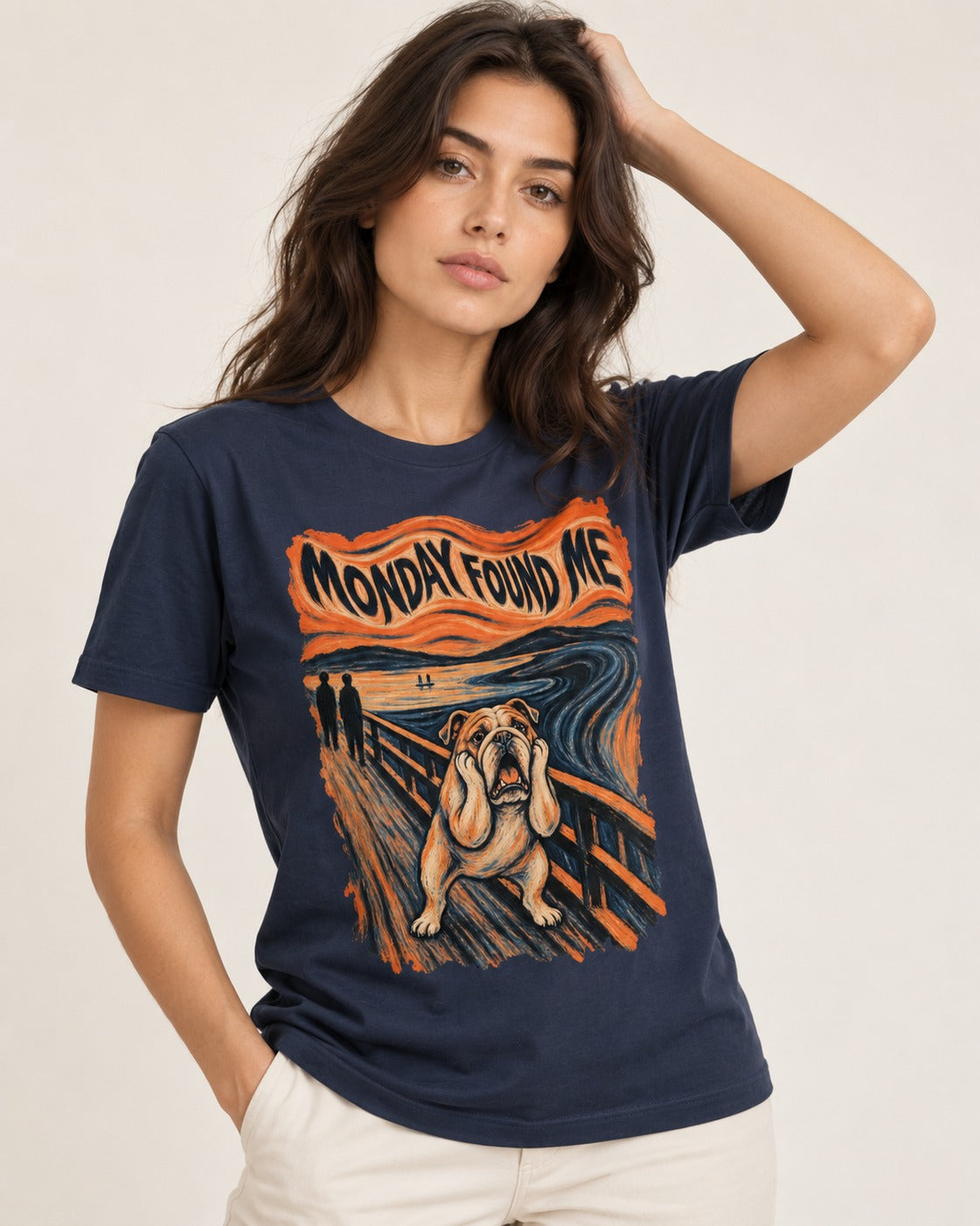 English Bulldog Monday Found Me Scream Graphic T-Shirt in Navy, worn by a model