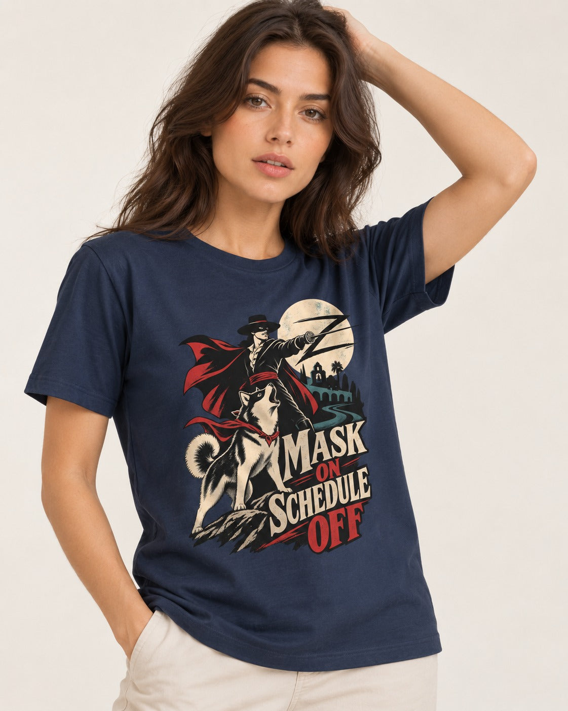 Husky Mask On Schedule Off Masked Swordsman Graphic T-Shirt in Navy, worn by a model