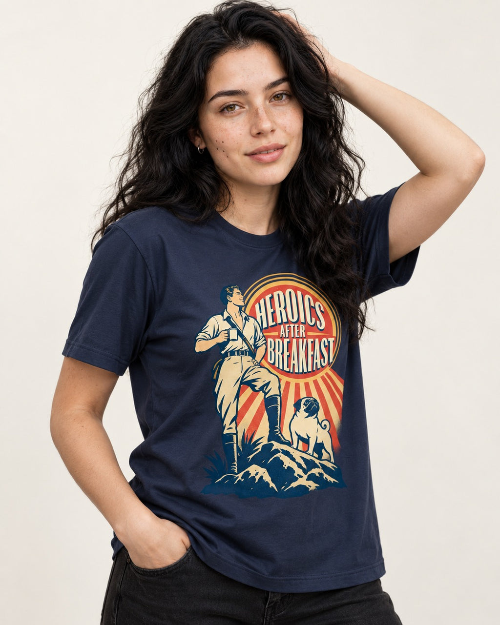 Pug Heroics After Breakfast Adventure Graphic T-Shirt in Navy, worn by a model