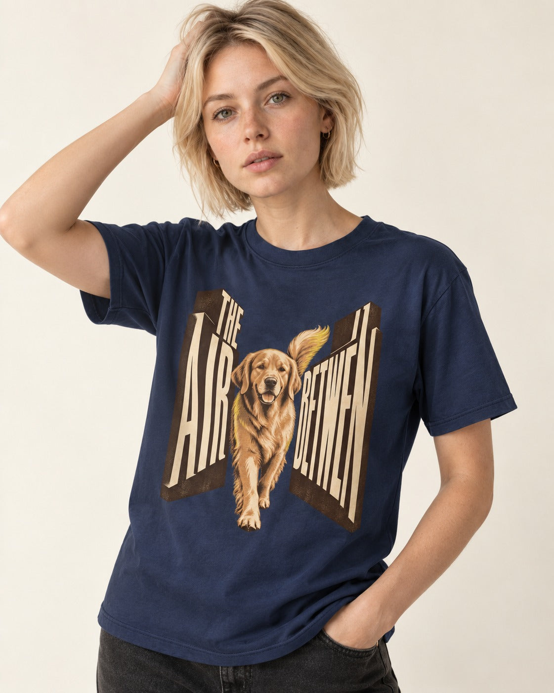 The Air Between Dimensional Golden Retriever Graphic T-Shirt in Navy, worn by a model