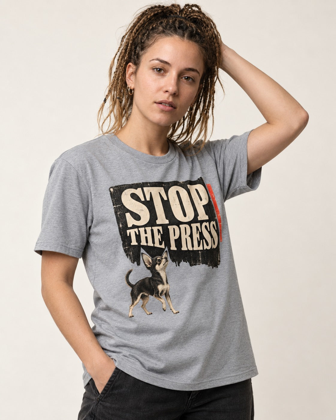 Stop the Press Chihuahua T-Shirt in Sport Grey, worn by a model