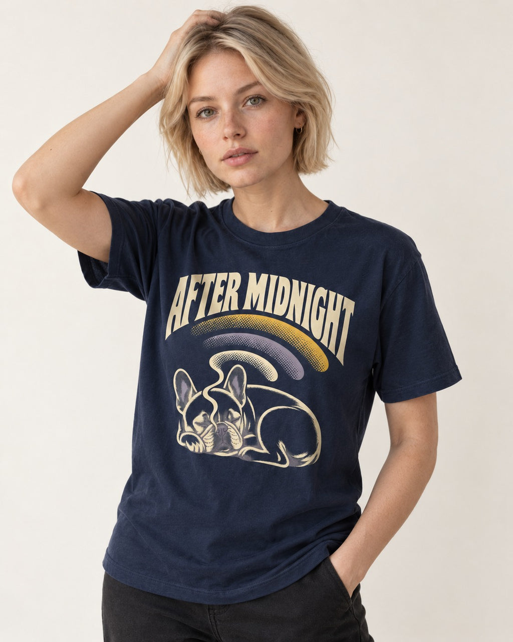 Frenchie After Midnight Sleeping Graphic T-Shirt in Navy, worn by a model