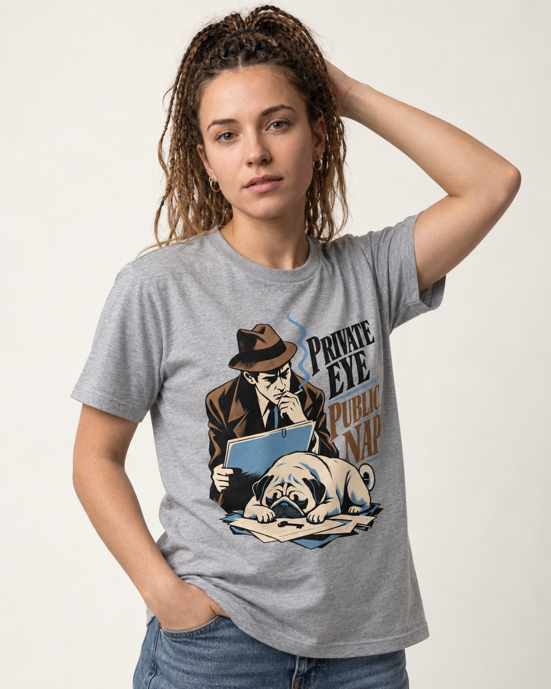 Pug Private Eye Public Nap T-Shirt in Sport Grey, worn by a model