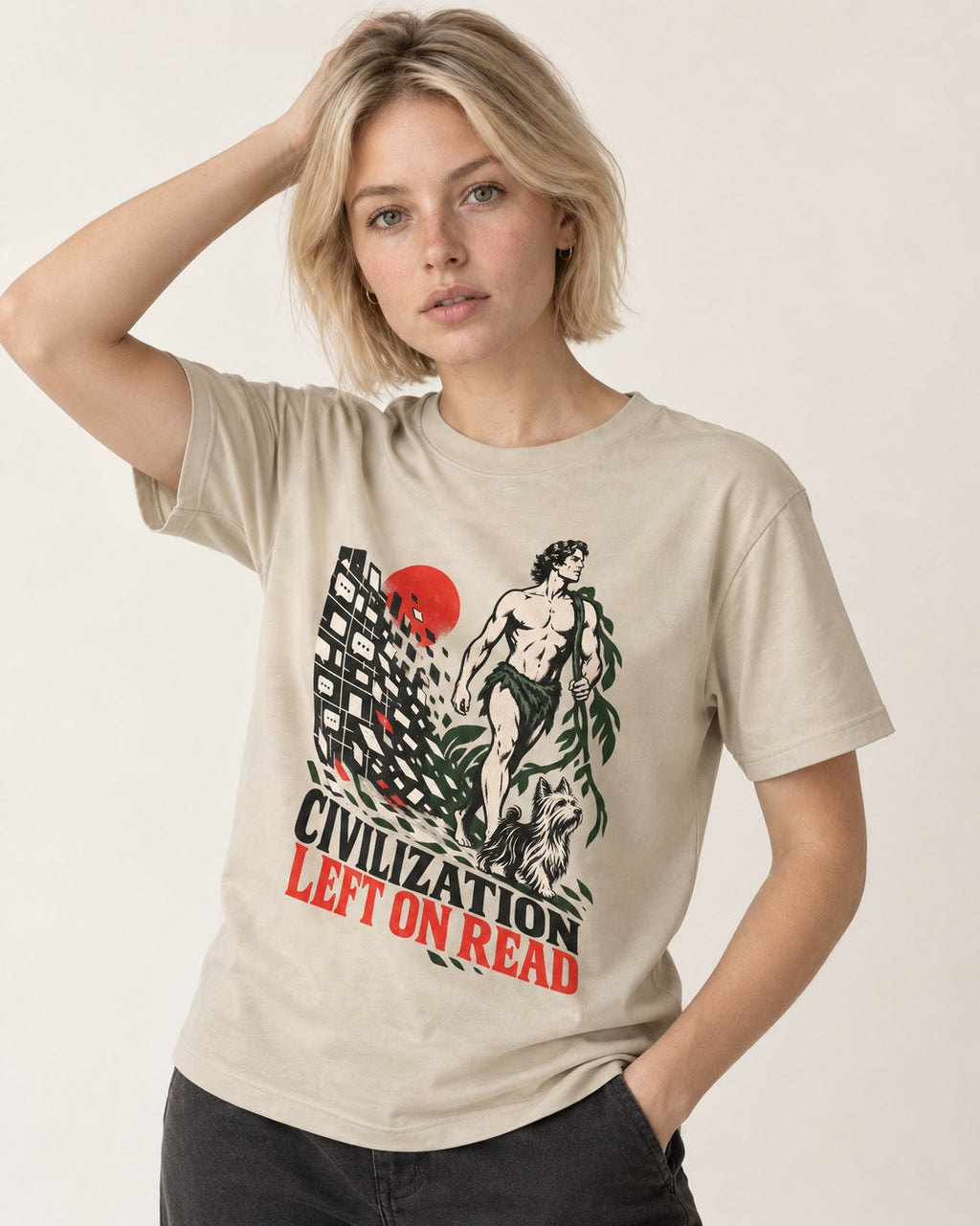 Yorkshire Terrier Left Civilization on Read T-Shirt in Sand, worn by a model