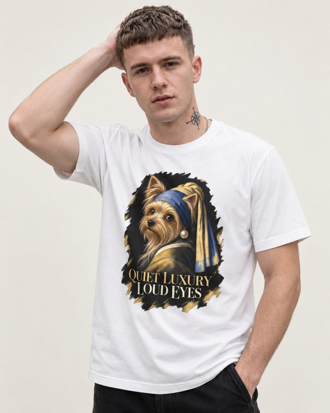 Yorkshire Terrier Quiet Luxury Loud Eyes Pearl Portrait Graphic T-Shirt in White, worn by a model