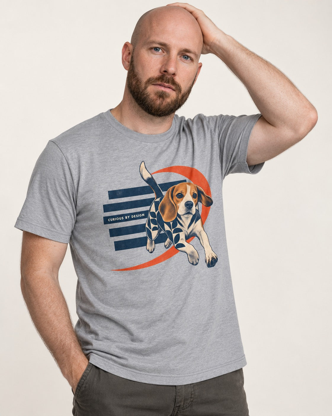 Beagle Born Curious T-Shirt in Sport Grey, worn by a model