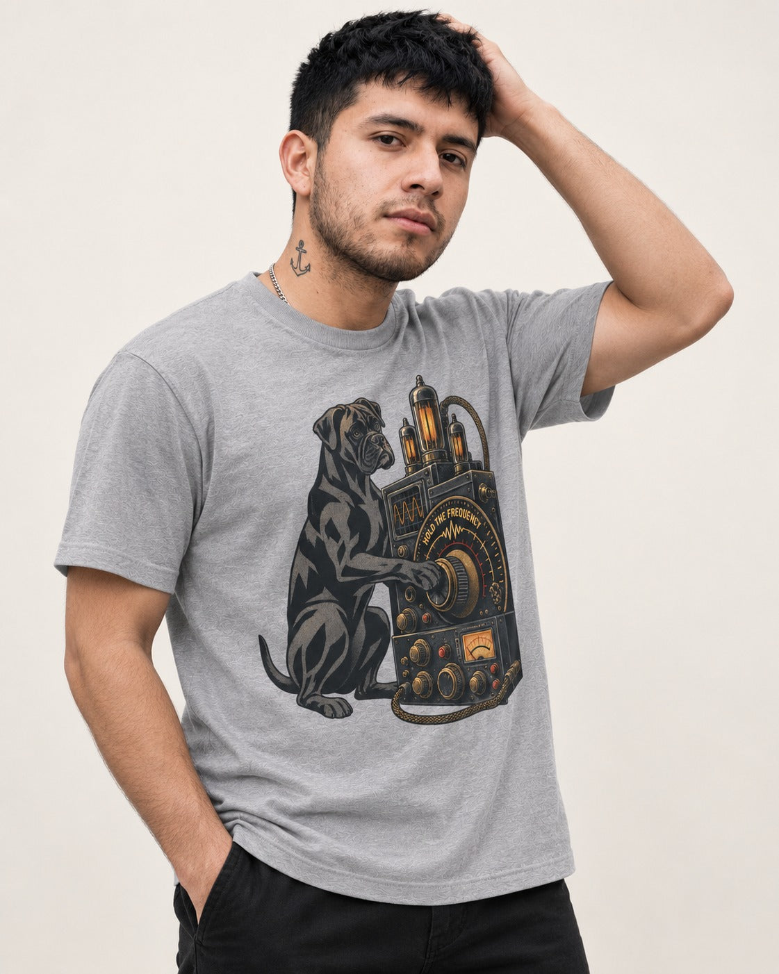 Hold the Boxer Frequency T-Shirt in Sport Grey, worn by a model