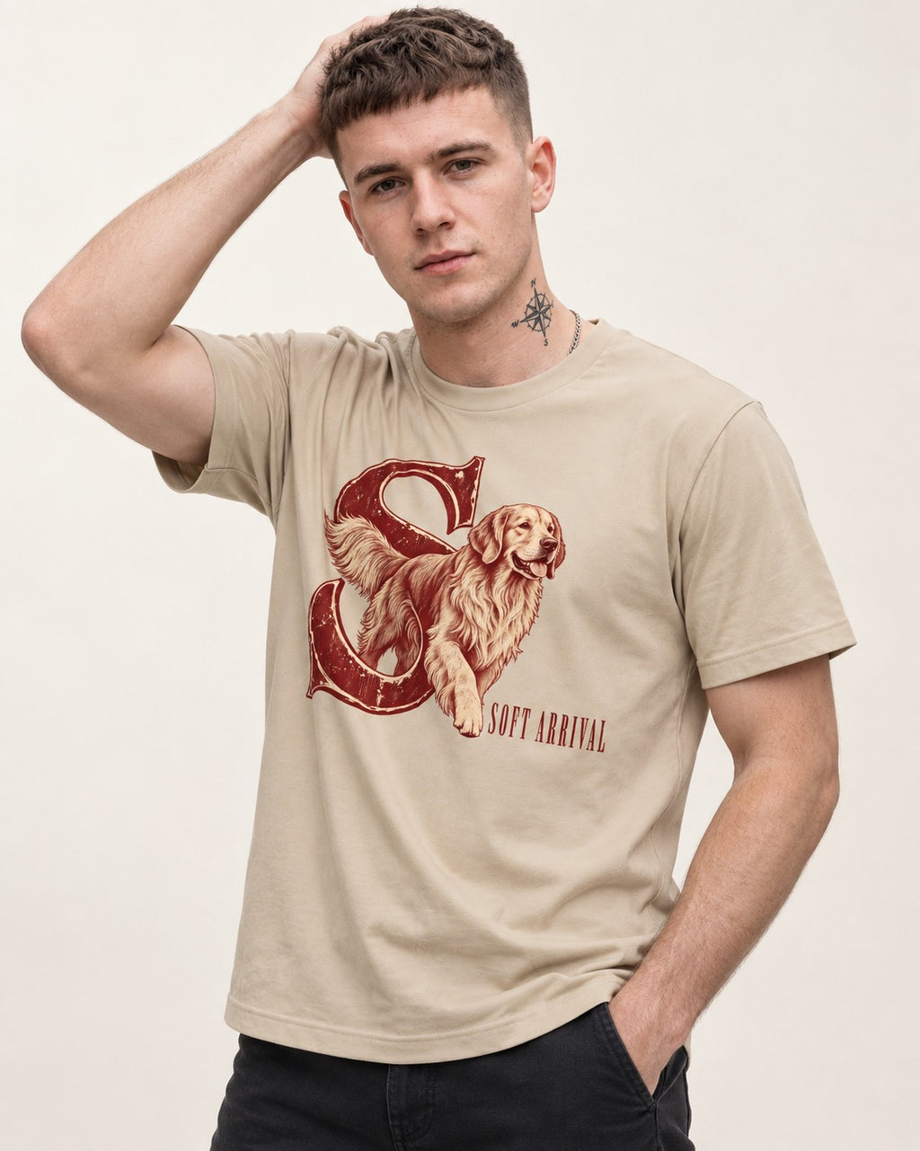 Soft Arrival Golden Retriever T-Shirt in Sand, worn by a model