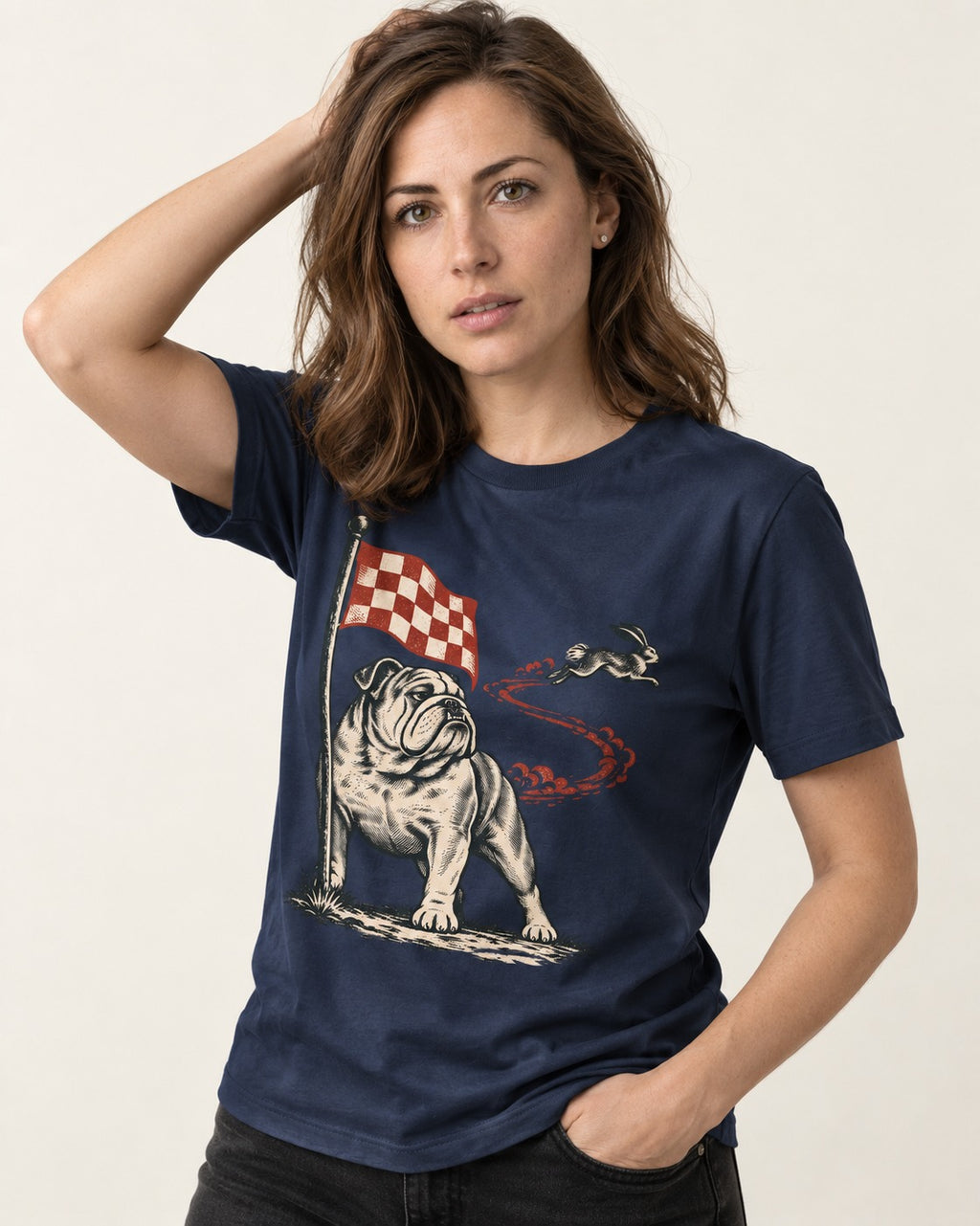 English Bulldog Checkered Flag Rabbit Chase T-Shirt in Navy, worn by a model