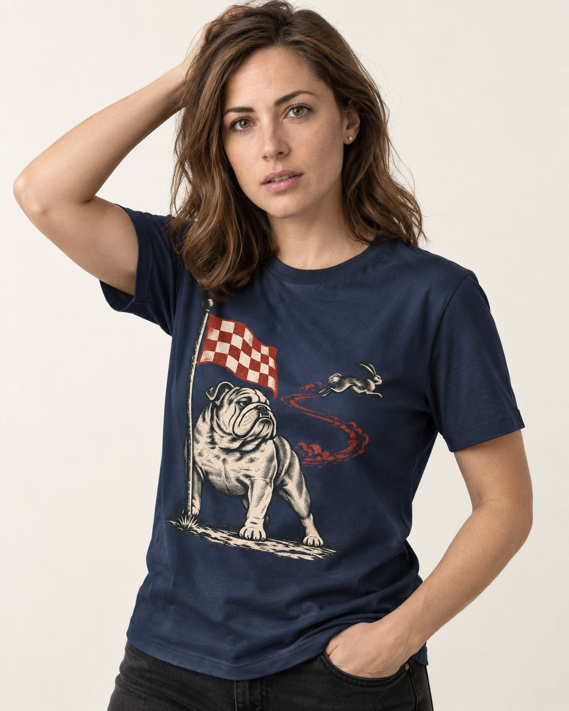 English Bulldog Checkered Flag Rabbit Chase T-Shirt in Navy, worn by a model