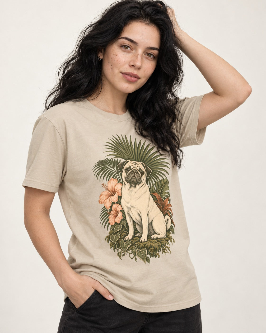 Pug Paradise T-Shirt in Sand, worn by a model