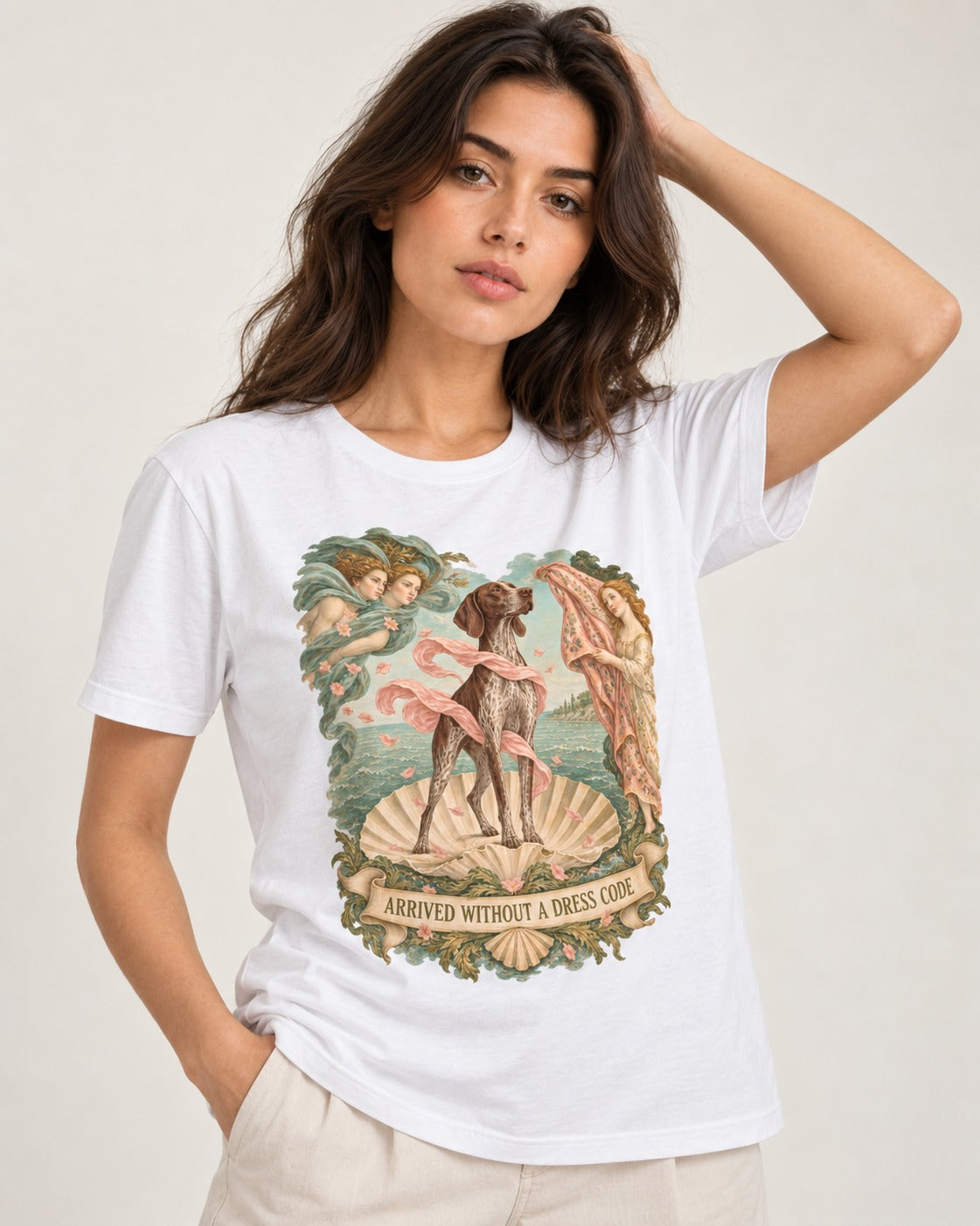 German Shorthaired Pointer Arrived Without A Dress Code Birth Of Venus Graphic T-Shirt in White, worn by a model