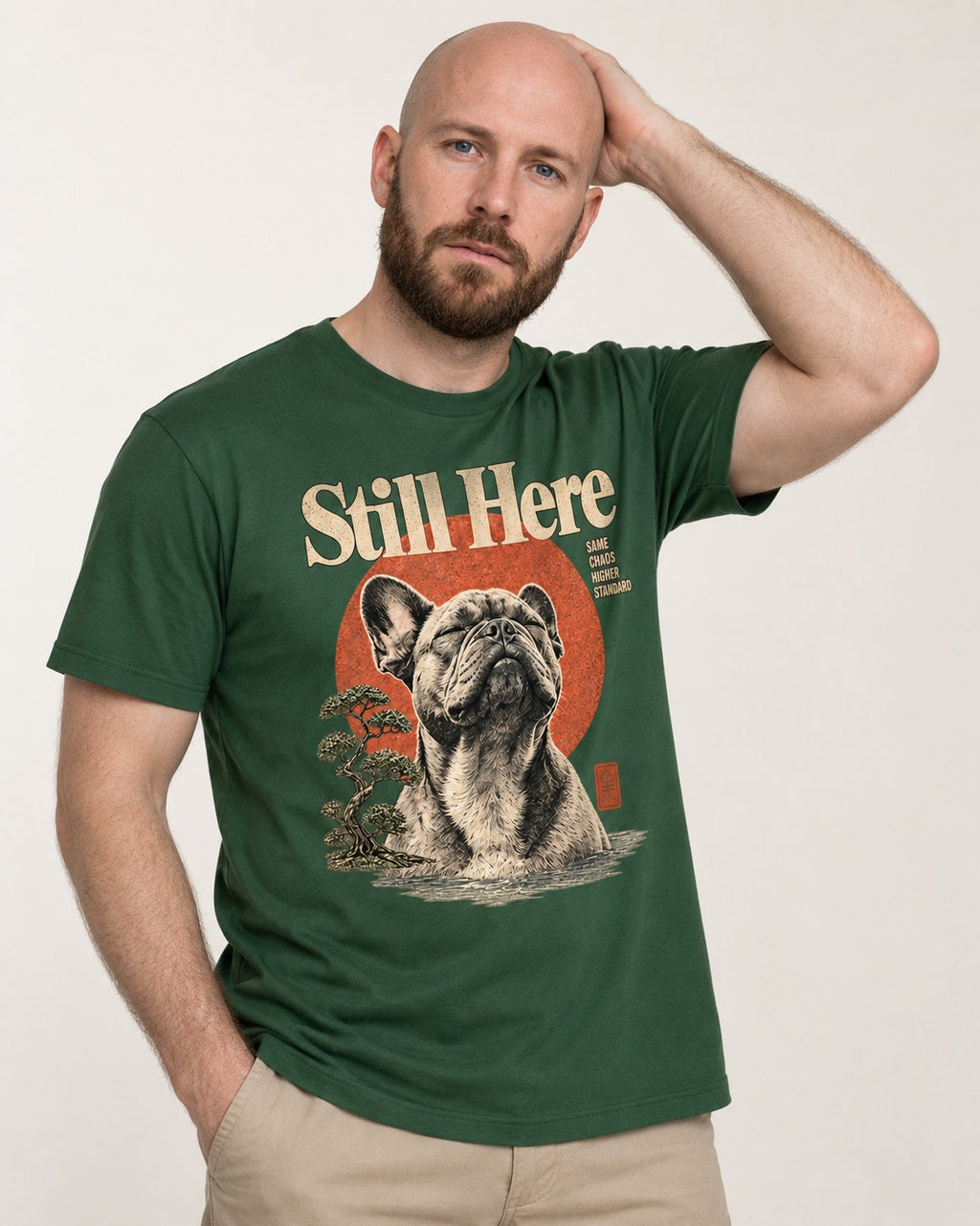 Frenchie Still Here Bonsai Portrait Graphic T-Shirt in Forest Green, worn by a model