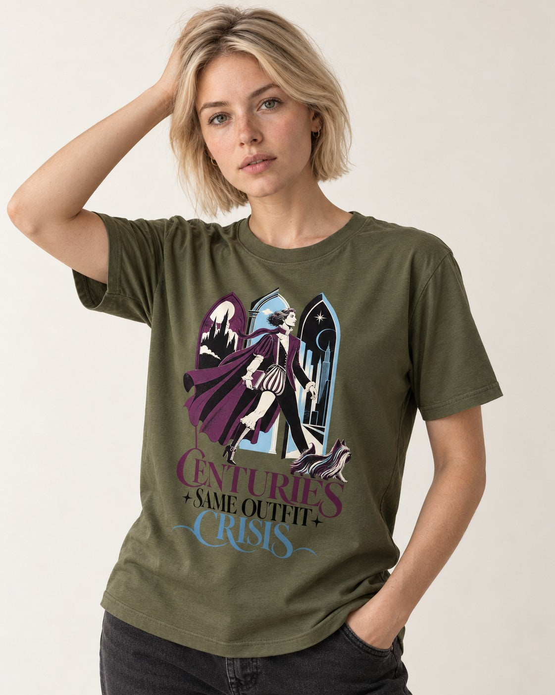 Yorkshire Terrier Centuries Same Outfit Crisis Gothic Graphic T-Shirt in Heather Military Green, worn by a model