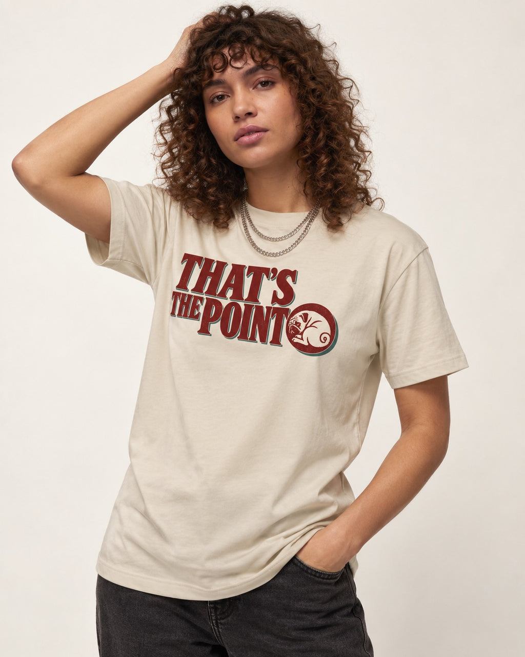 Pug's the Point T-Shirt in Sand, worn by a model