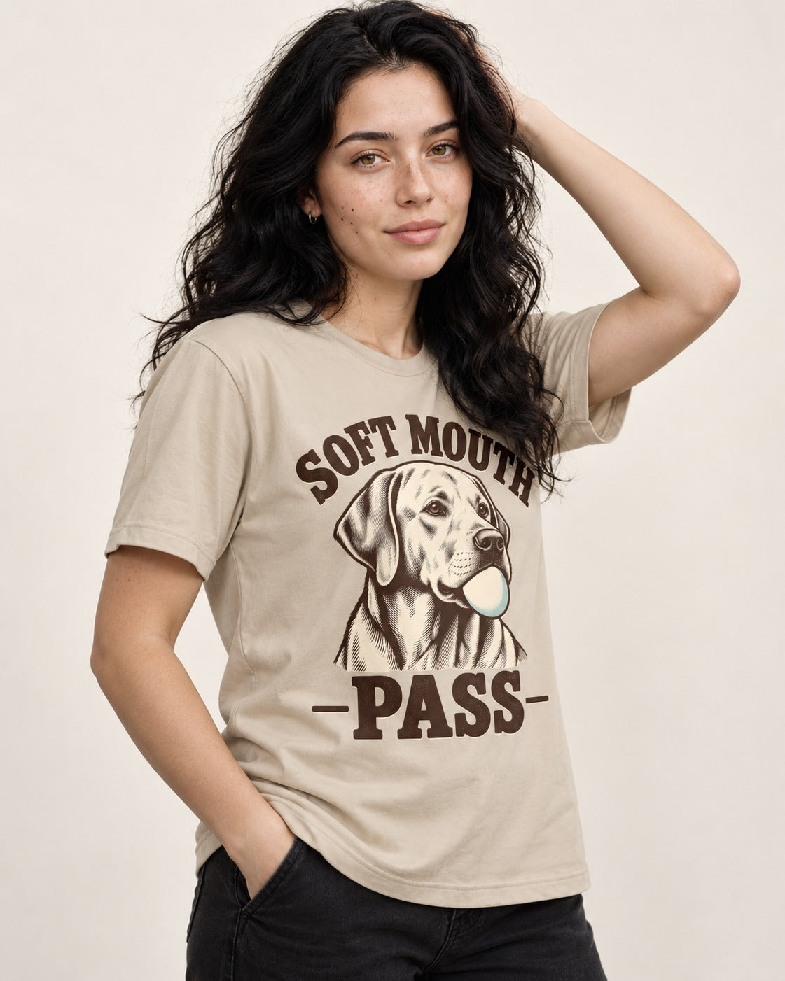 Soft Mouth Pass Labrador Retriever T-Shirt in Sand, worn by a model
