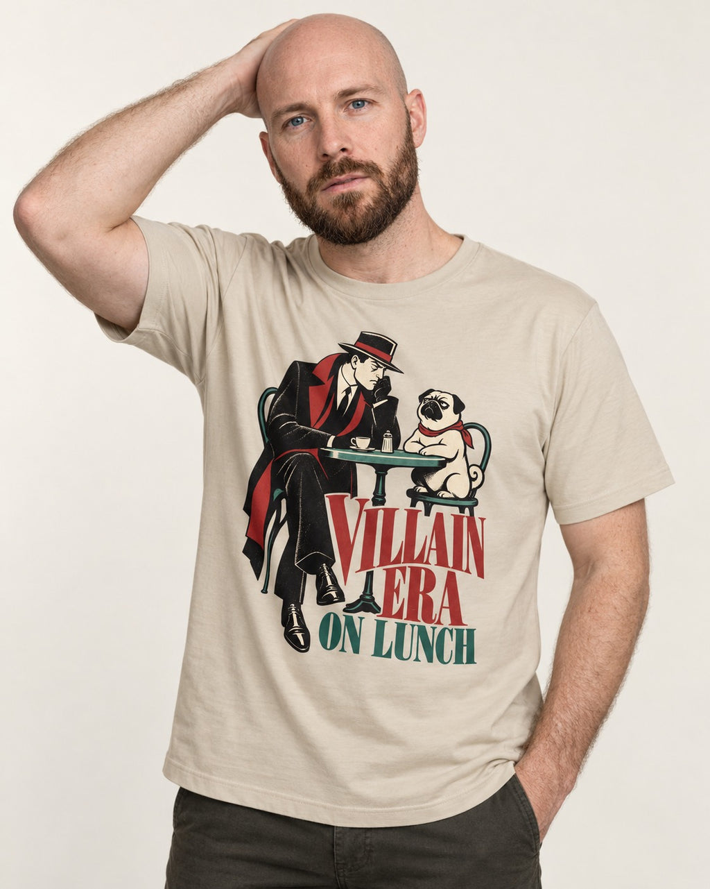 Pug Villain Era T-Shirt in Sand, worn by a model