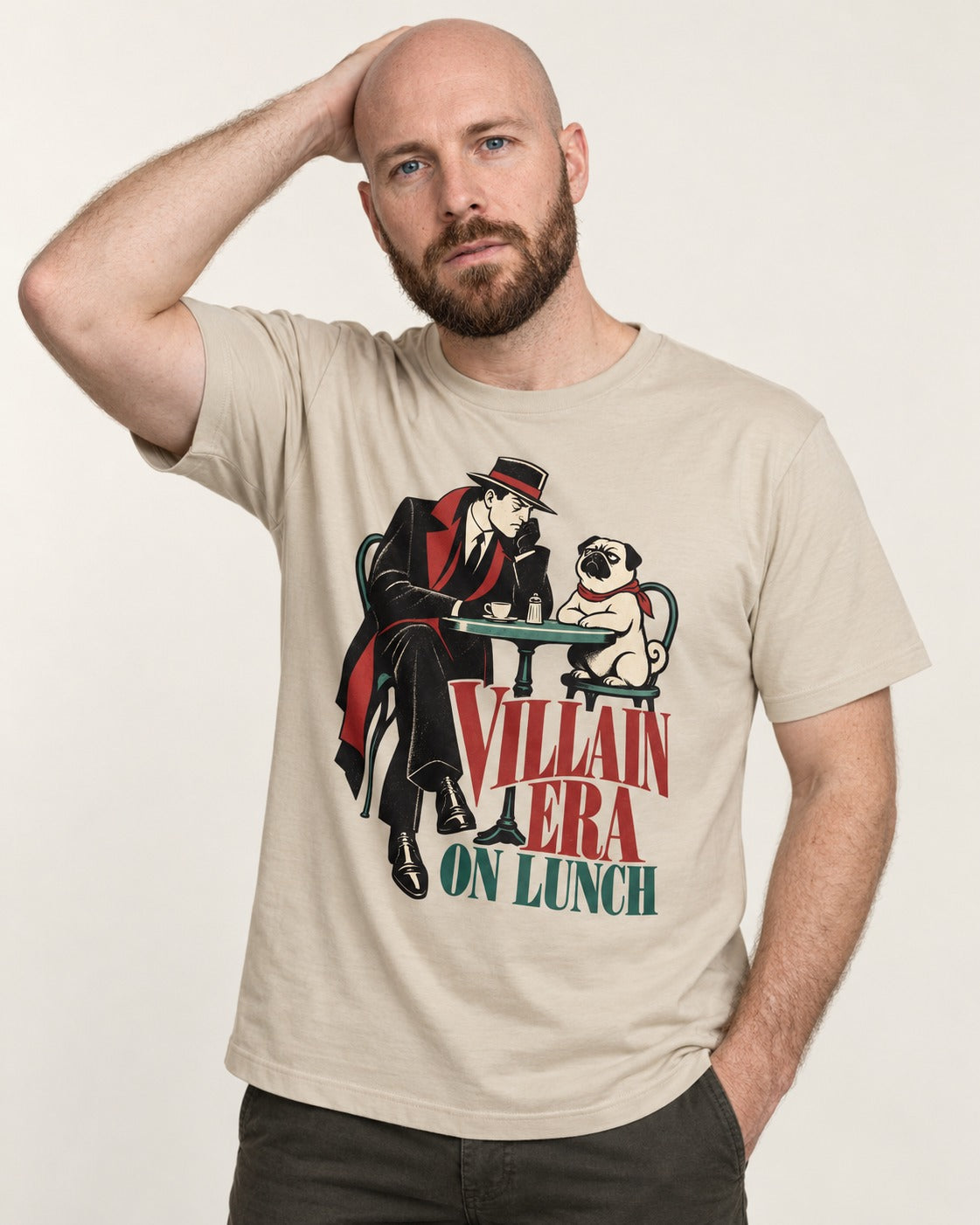 Pug Villain Era T-Shirt in Sand, worn by a model