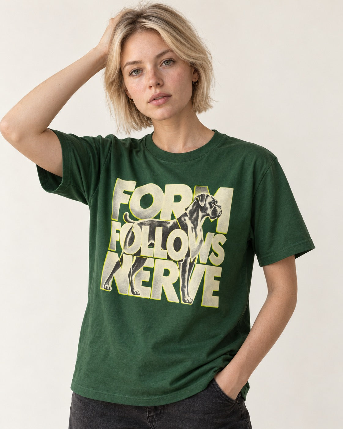 Form Follows Nerve Boxer Typography T-Shirt in Forest Green, worn by a model