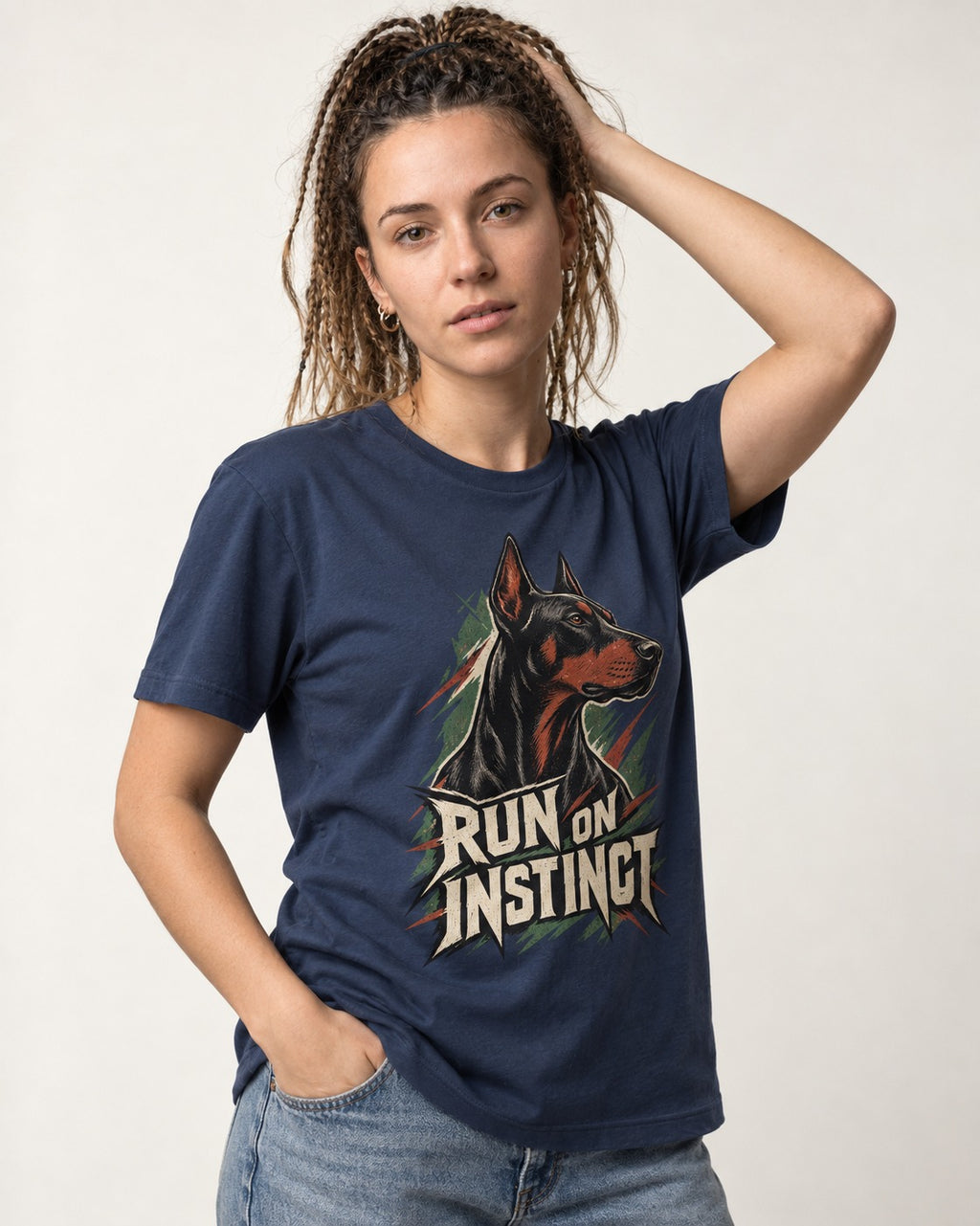 Doberman Run on Instinct Brush Slash Graphic T-Shirt in Navy, worn by a model