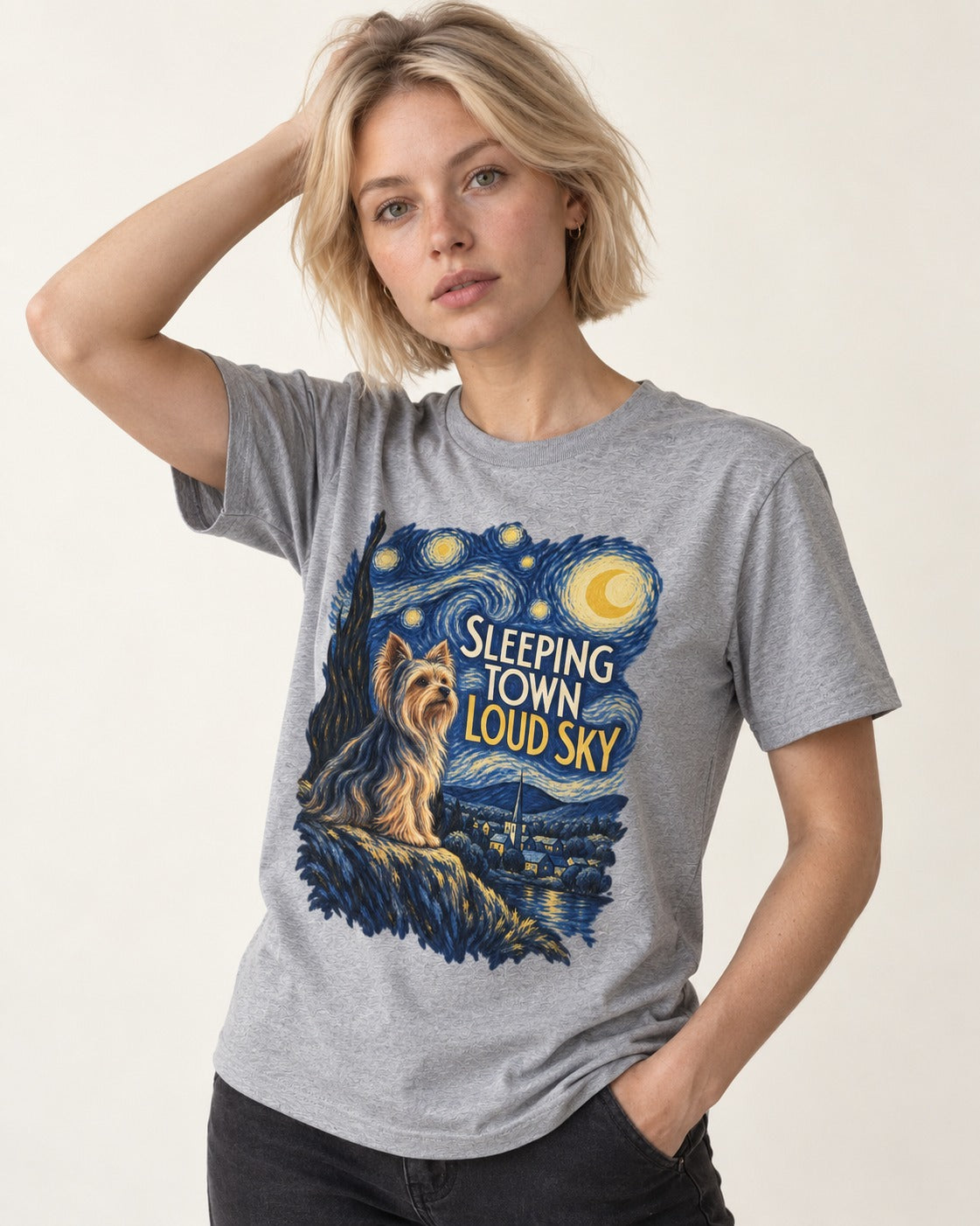 Yorkshire Terrier Sleeping Town Loud Sky Starry Night Graphic T-Shirt in Sport Grey, worn by a model