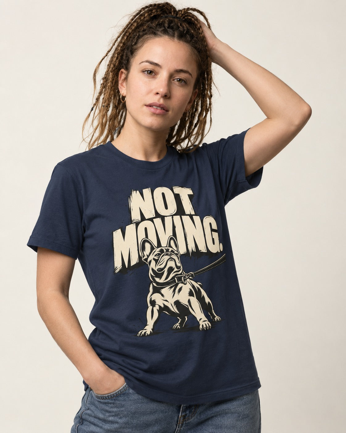Frenchie Not Moving Taut Leash Poster T-Shirt in Navy, worn by a model