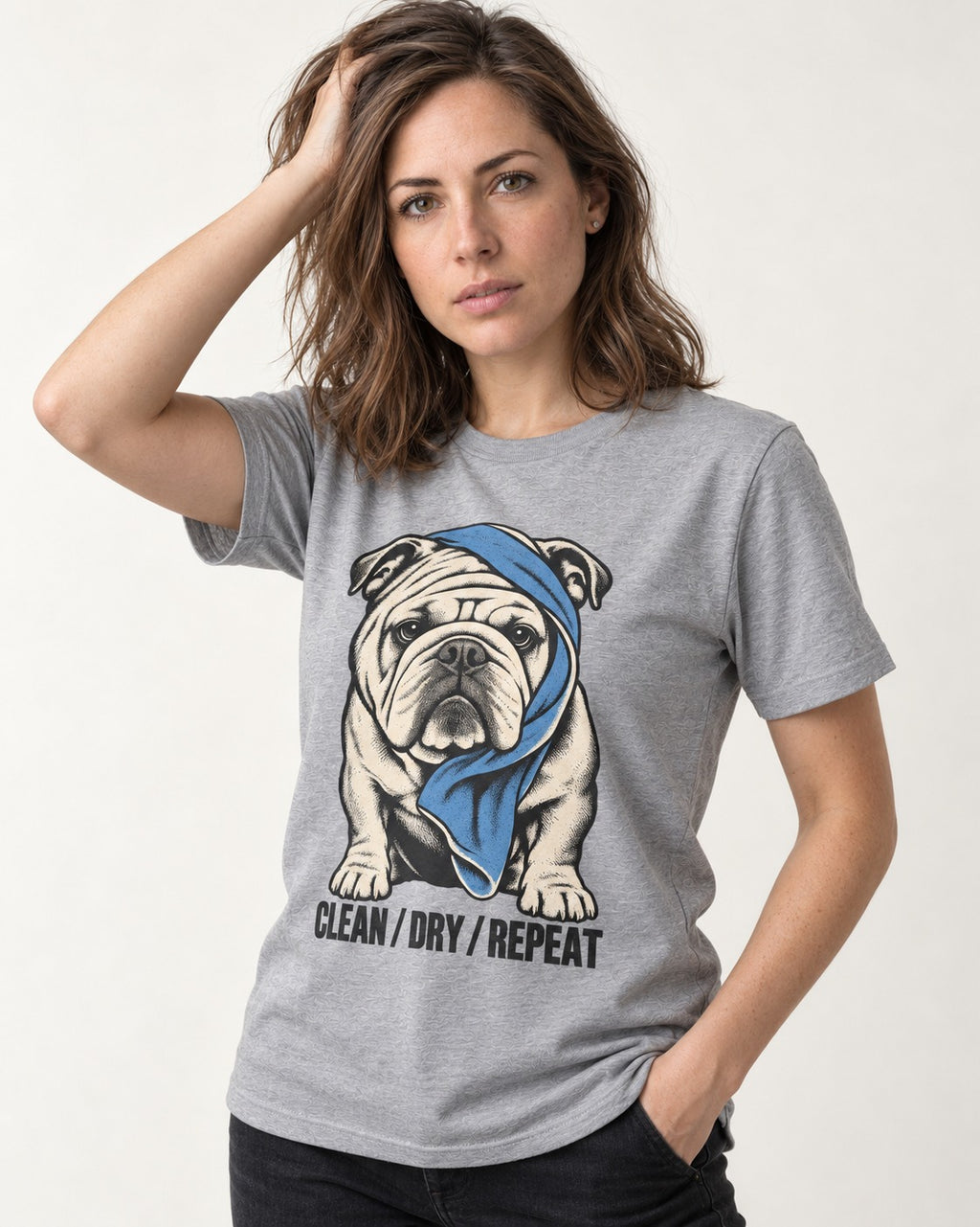 Clean Dry Repeat English Bulldog T-Shirt in Sport Grey, worn by a model