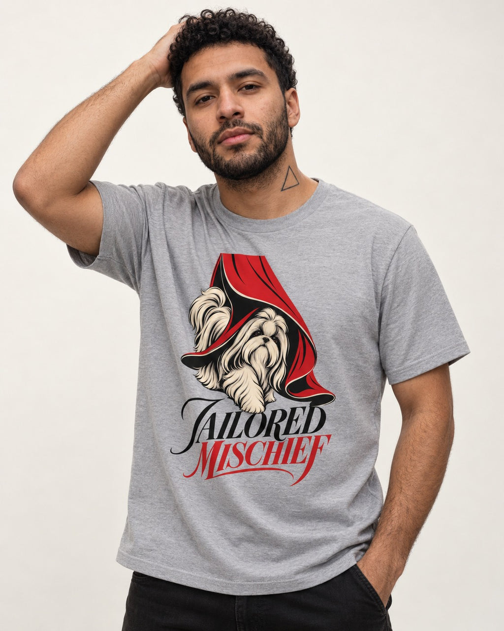 Tailored Mischief Shih Tzu T-Shirt in Sport Grey, worn by a model