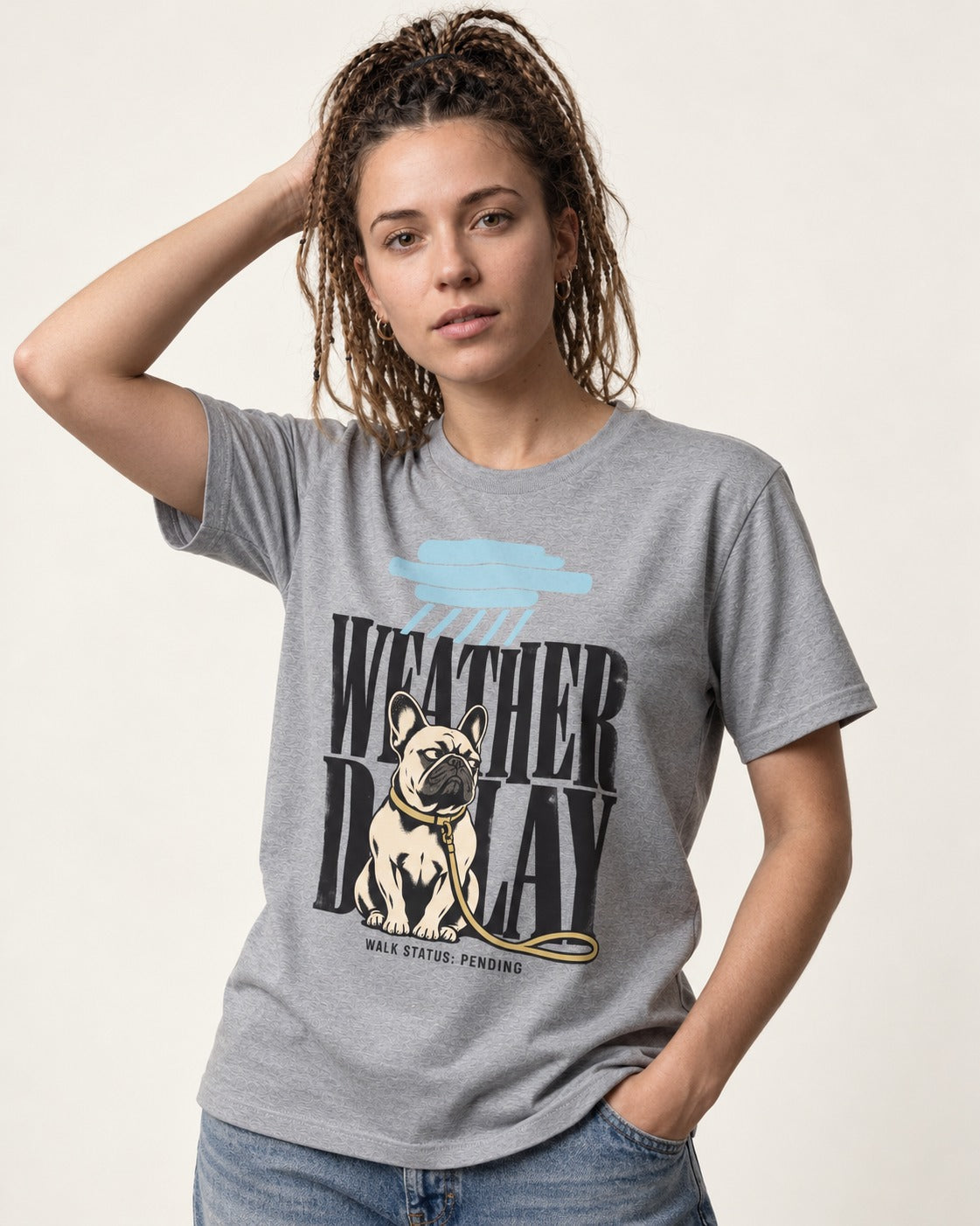 Frenchie Weather Delay T-Shirt in Sport Grey, worn by a model