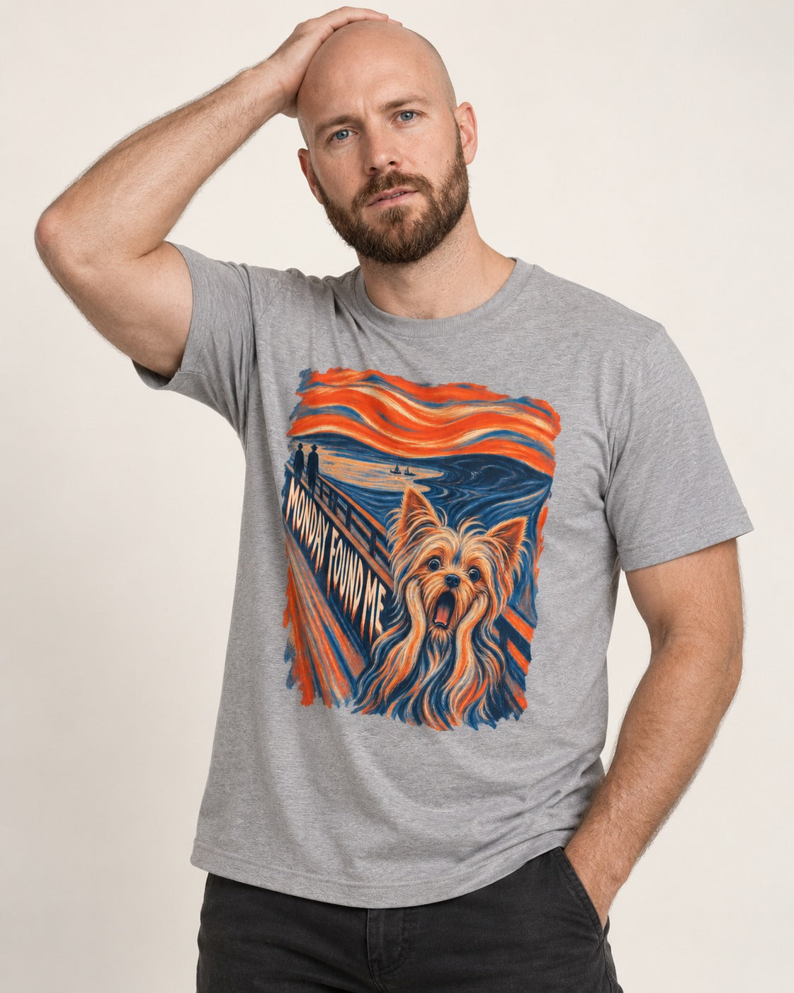 Yorkshire Terrier Monday Found Me Scream Parody Graphic T-Shirt in Sport Grey, worn by a model