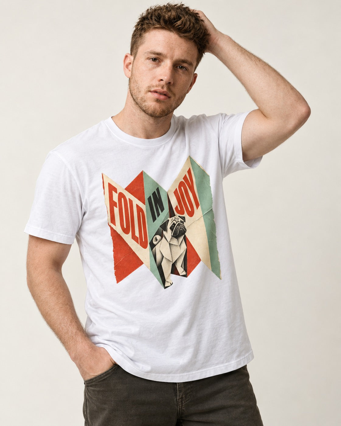 Pug Fold in Joy Geometric Poster Graphic T-Shirt in White, worn by a model