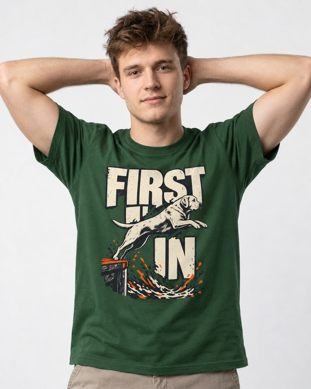 First In Dock Jump Labrador Retriever Graphic T-Shirt in Forest Green, worn by a model