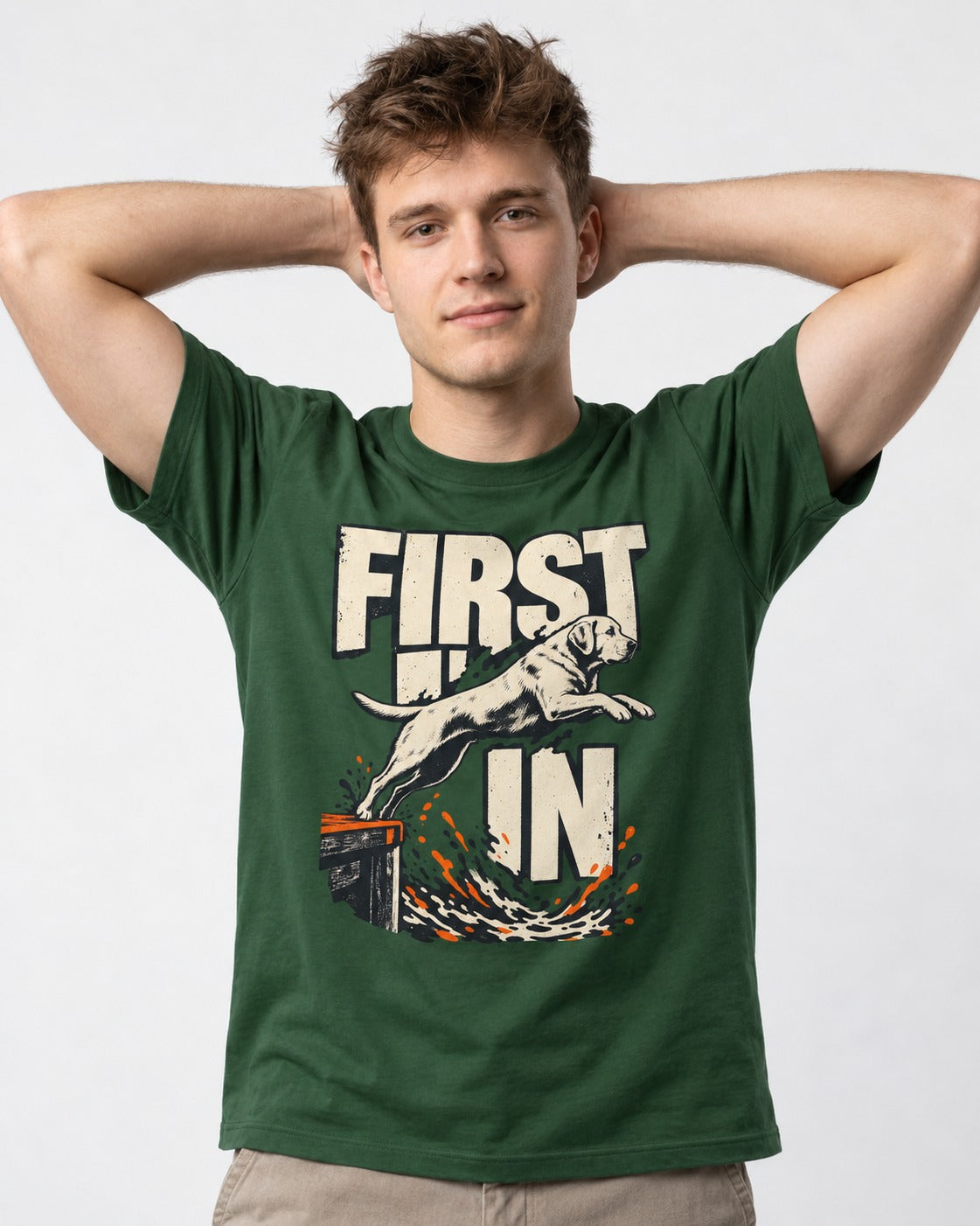 First In Dock Jump Labrador Retriever Graphic T-Shirt in Forest Green, worn by a model