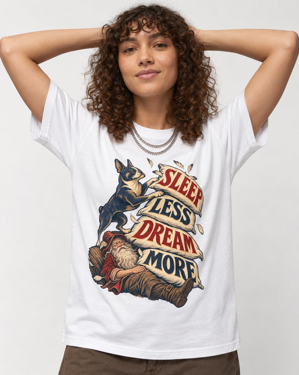 Boston Terrier Sleep Less Dream More T-Shirt in White, worn by a model