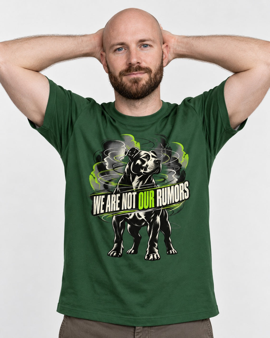 Pitbull We Are Not Our Rumors Swirling Voices Graphic T-Shirt in Forest Green, worn by a model