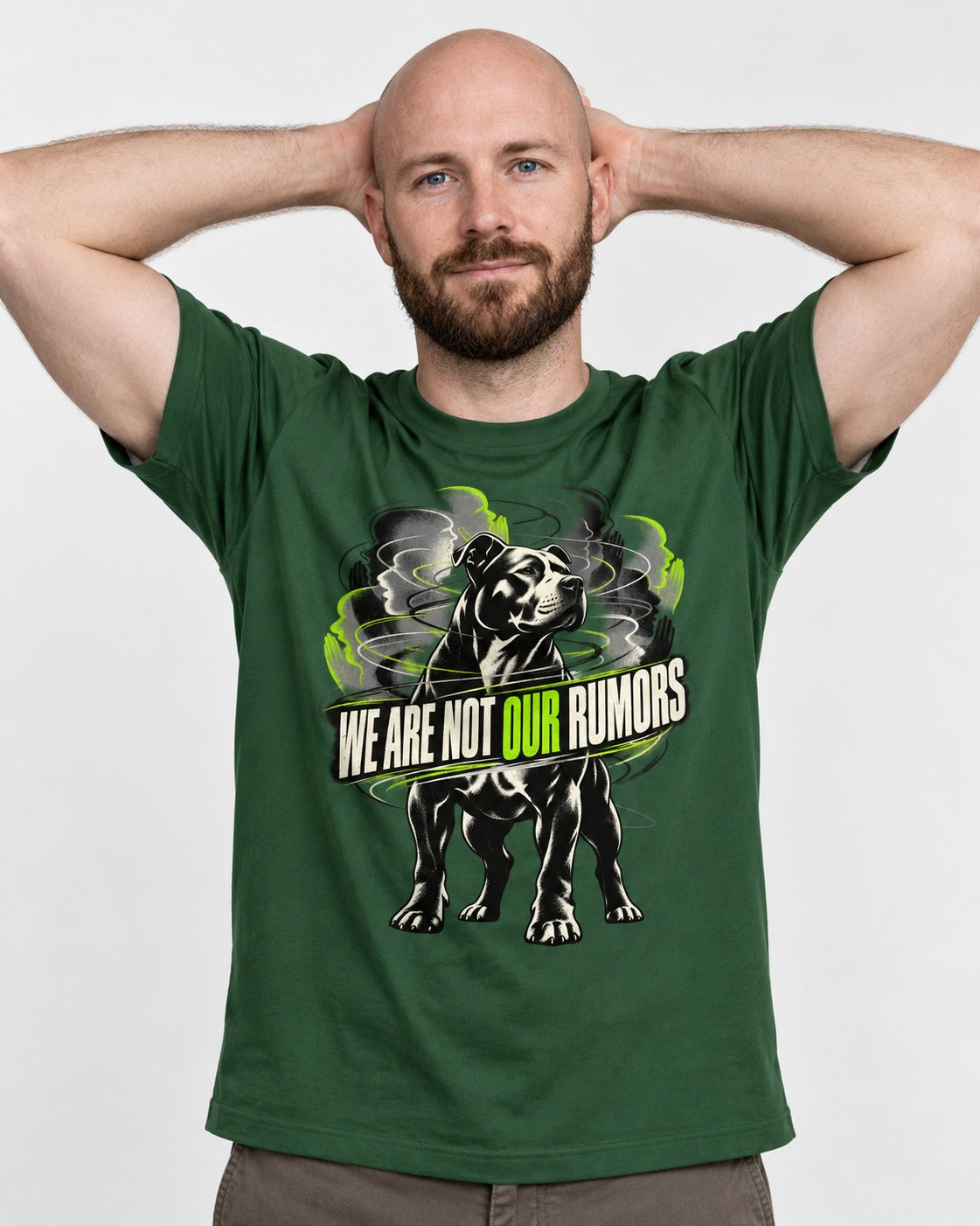 Pitbull We Are Not Our Rumors Swirling Voices Graphic T-Shirt in Forest Green, worn by a model