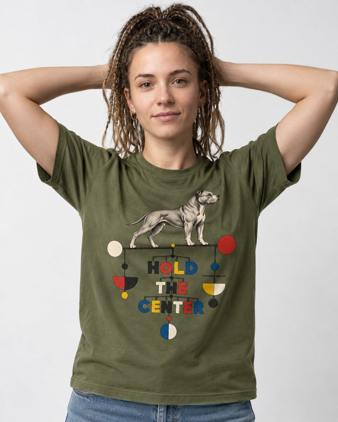 Pitbull Hold the Center Balance Mobile Graphic T-Shirt in Heather Military Green, worn by a model
