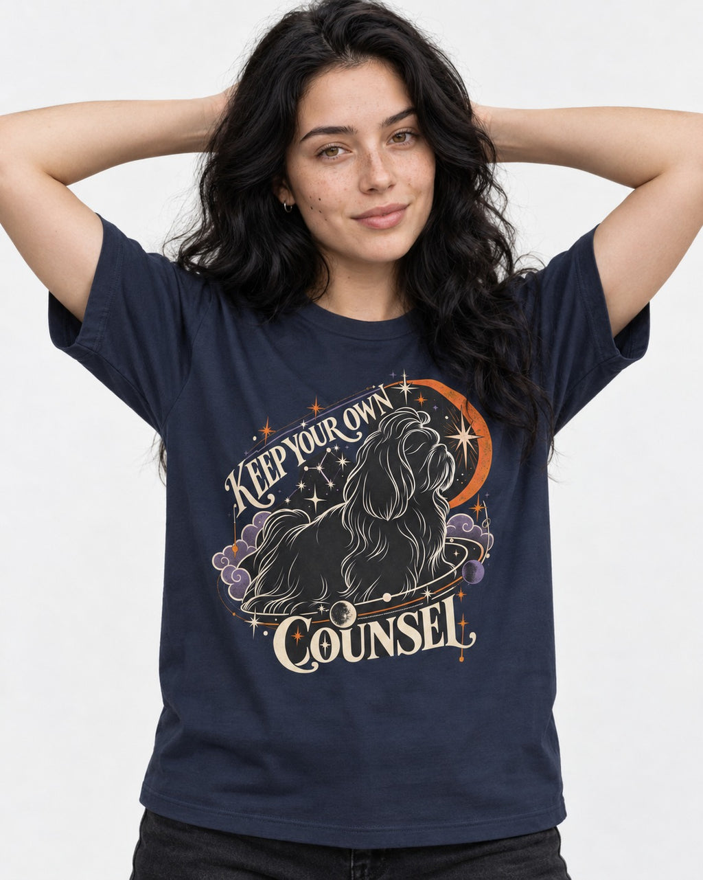 Shih Tzu Keep Your Own Counsel Celestial Graphic T-Shirt in Navy, worn by a model
