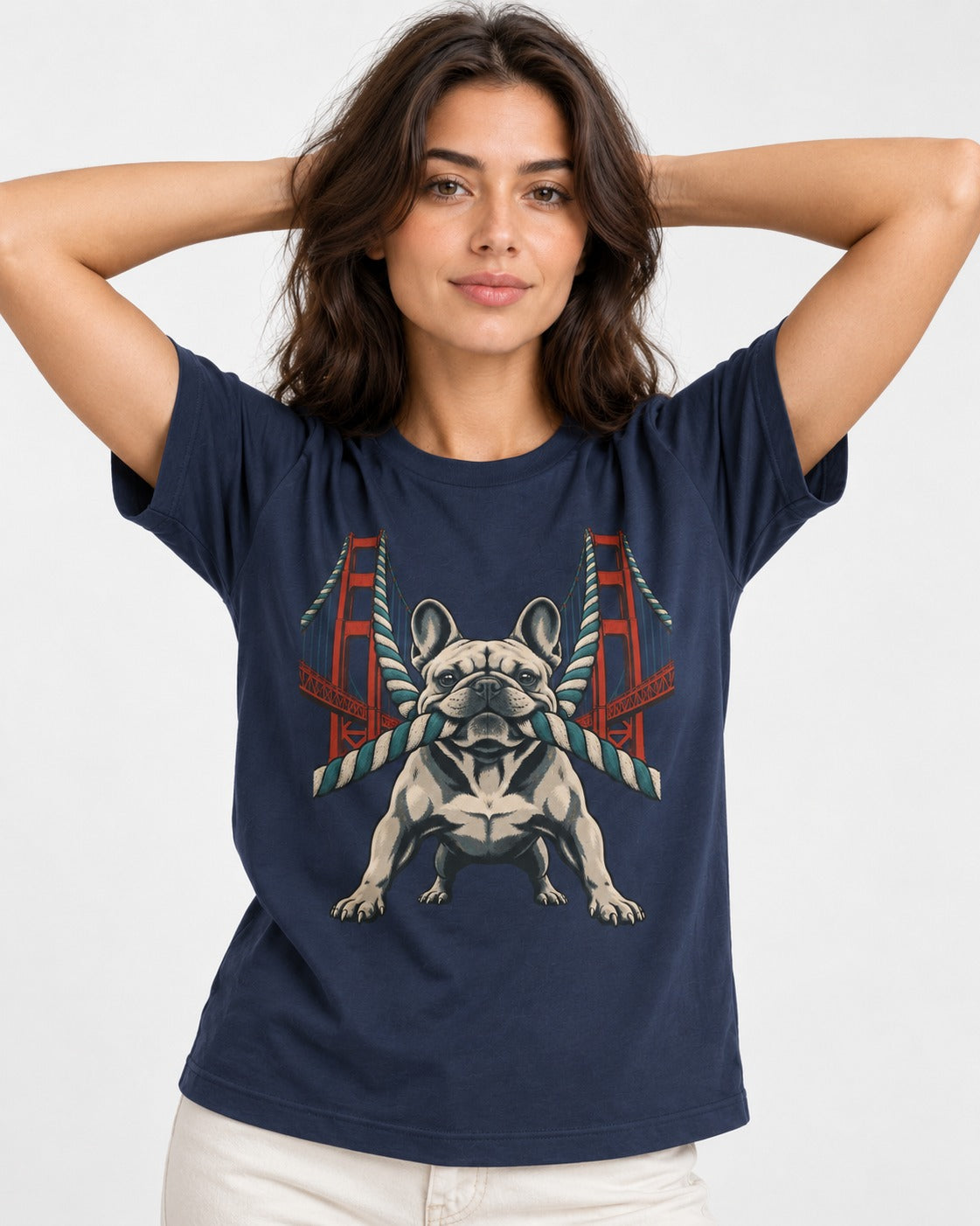 Frenchie Tug Anchor Bridge Graphic T-Shirt in Navy, worn by a model