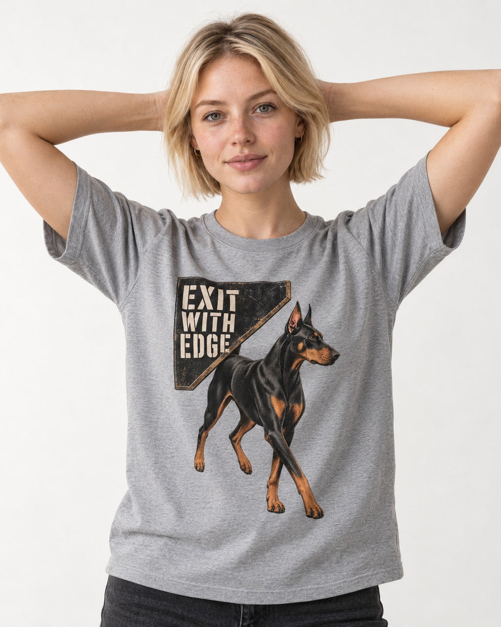 Exit with Doberman Edge T-Shirt in Sport Grey, worn by a model